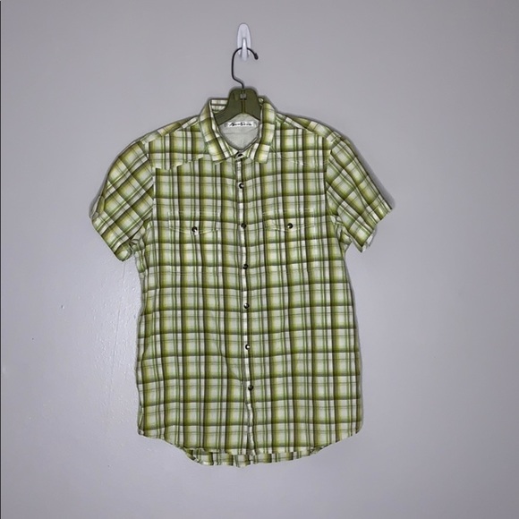 Kenneth Cole NY Short Sleeve Plaid Button down top lime green small - Picture 1 of 7
